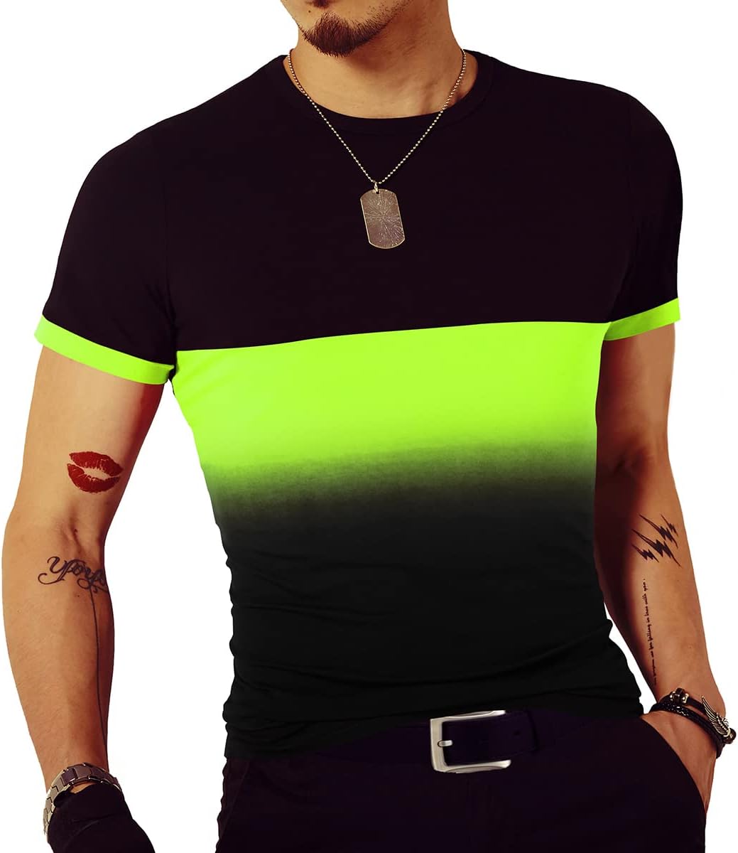 LOGEEYAR Mens Slim Fit T-Shirt Contrast Color Tee Gradient Stitching Short-Sleeve Cotton Tops - Image 2