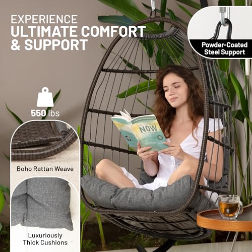 SereneLife Rattan Wicker Hanging Swing Chair, Foldable Egg Chair with Stand, Waterproof Cushion & Headrest, Cozy Outdoor/Indoor Chair for Patio, Bedroom, Porch, Garden (Deep Gray) by SereneLife - Image 3