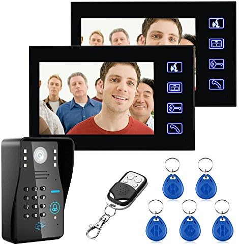 MOUNTAINONE 7" Two Monitors RFID Password Video Door Phone Intercom Doorbell with HD IR Camera 1000 TV Line Remote Access Control System