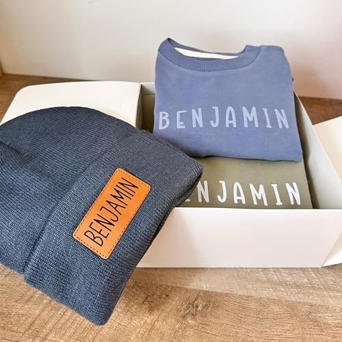 Personalized Beanie Hats, Custom Engraved Leather Patch Knitted Beanies for Infant Toddler Youth– Custom Name Winter Knit Cap for Children Black4