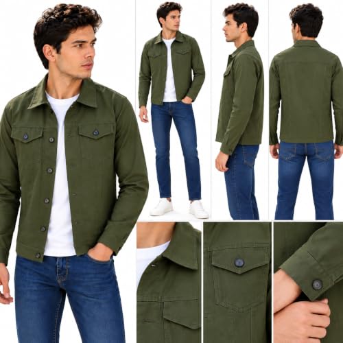 Image of MONTREZ Men's Jacket Spread Collar Solid Lightweight Casual Denim Jacket (IN, Alpha, Olive) (IN, Alpha,S, Regular)