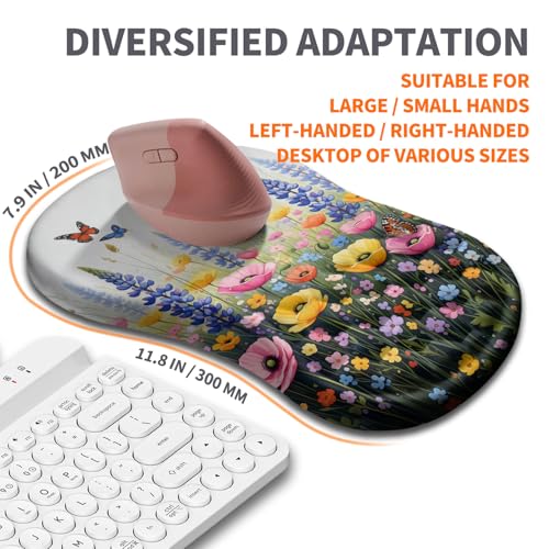 Image of Ergonomic Joint Wrist Support Mouse Pad with Memory Foam Cushion Massage Bump, Carpal Tunnel Pain Relief Mousepad Slope Design for Wrist Rest, 11.8x7.9 in, Wild Flower