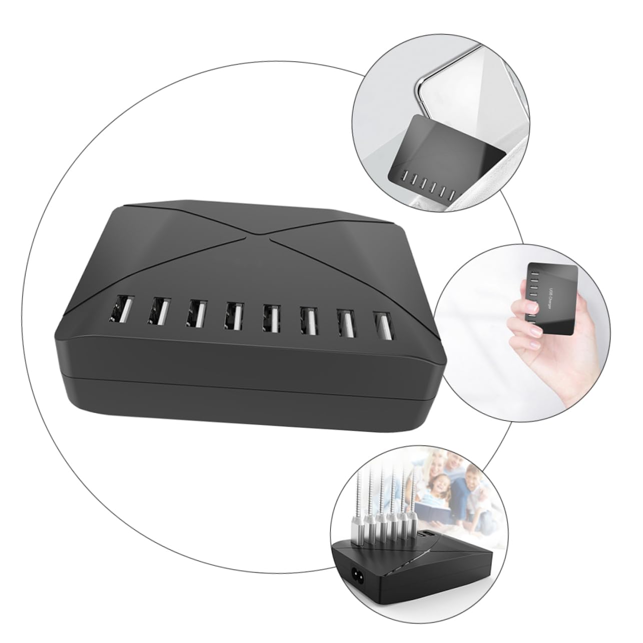 Caricatore Multi Porta USB Portatile 40w per Telefono e Diffusori | Riconoscimento Automatico, Design Salvaspazio, Abs Nero, per Comodino e Zona Tv