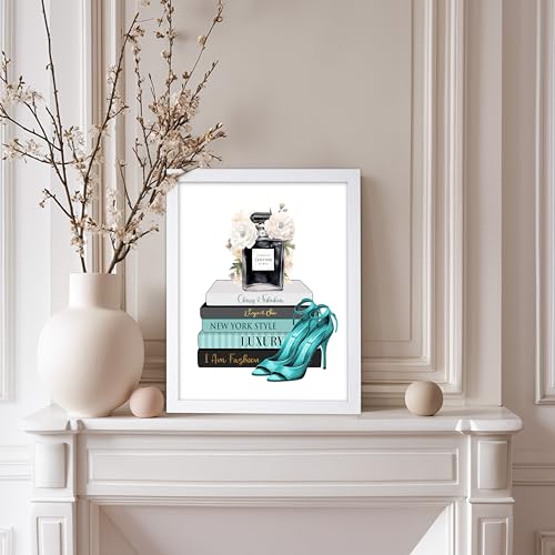 Image of Poster Master Fashion Print - Blue Designer Poster - Shoes & Perfume Art - Chic Gift for Her & Fashionista - Luxury Haute Couture Decor for Bedroom or Girl's Room - 8x10 White Framed