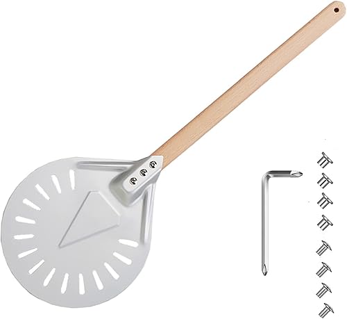 Miniatura 1 de Funvalley Surperfect Paleta de pizza perforada redonda de 9 pulgadas con mango de madera antiquemaduras de 16 pulgadas para accesorios de horno de