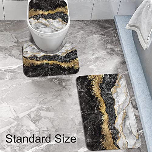 Lavsils 4Pcs Black Marble Shower Curtain Set, Bathroom Set With Shower Curtain And Rugs And Accessories,Modern Decor Bathroom Standard Size With Non-Slip Rugs, Toilet Lid Cover,Gold #TOP2