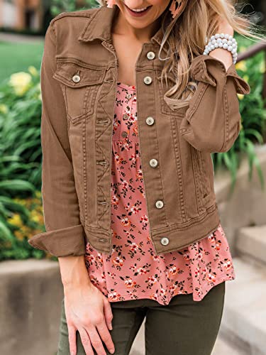 Luvamia Women's Classic Casual Long Sleeves Jacket Basic Button Down Trucker Jacket Jean Jacket Women Coat Brown Size Medium Fits Size 8 / Size 10 #TOP5