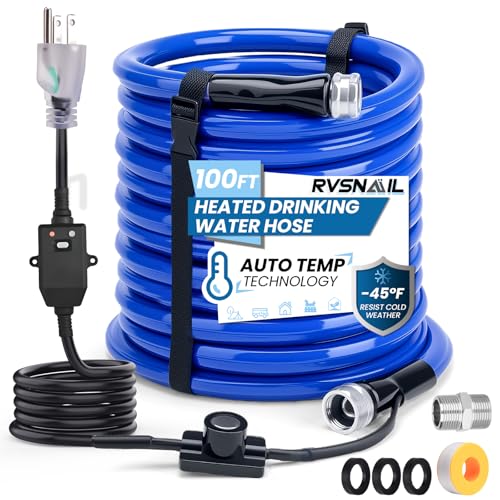 RVSNAIL 100FT Heated Water Hose for RV Heated Drinking Water Hose Freeze Protection Down to -45F Lead and BPA Free Smart Temperature Control Ideal for RV Camping and Home
