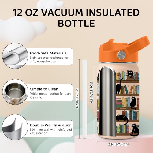 Image of Bookshelf Water Bottle for Son & Daughter, Stainless Steel Insulated Tumbler with Straw Lid and Handle, 12oz Reusable Leak-Proof Bottle for Sports