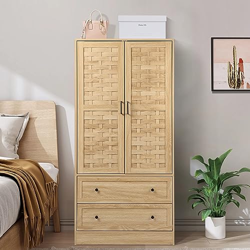 LEVNARY Armoire Wardrobe Closet with 2 Woven Doors, Wardrobe Cabinet with 2 Storage Drawers and Hanging Rail, Freestanding Wooden Closet for Bedroom (Natural)
