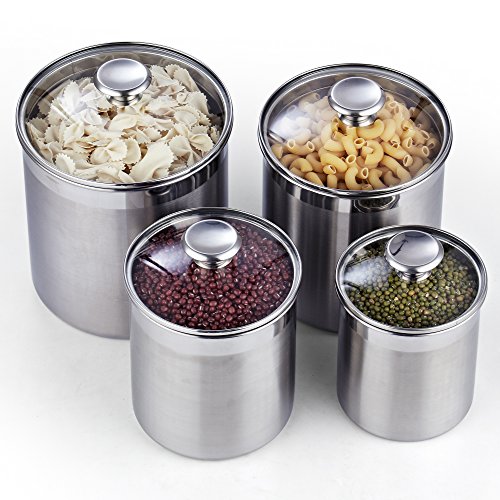 Cooks Standard Stainless Steel Airtight Glass Lid 4-Piece Food Jar Storage Canister Set For Tea Cofee Sugar Flour Baking Pantry Kitchen Counter #TOP2