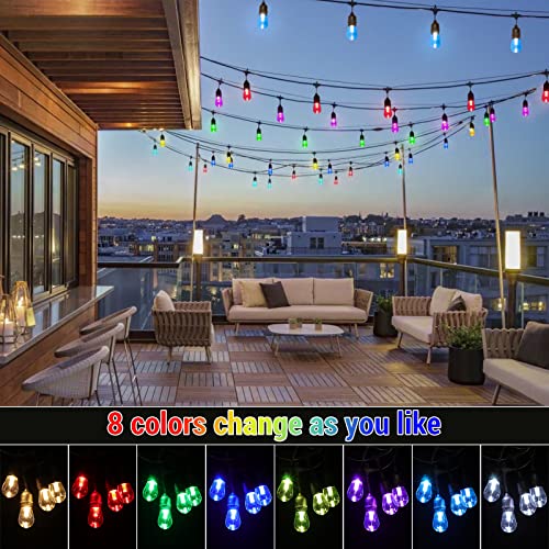 48FT Solar Outdoor RGB String Lights, 15+3 Waterproof Shatterproof LED Bulbs Dimmable Patio String Lights with Remote, C - Additional View