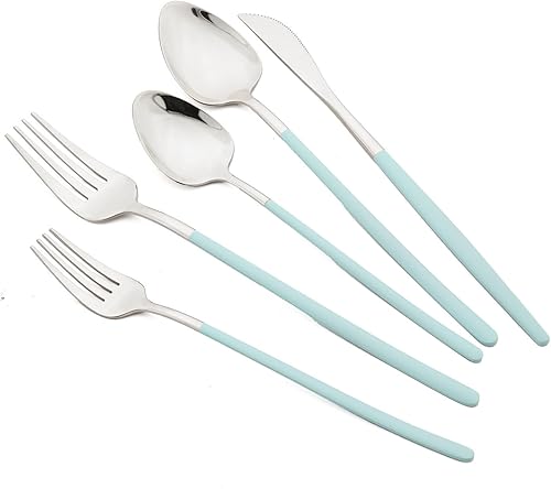 JASHII Juego de cubiertos de acero inoxidable 1810 pulido con espejo, color verde menta y plateado, servicio para 4, cuchillo de cena, tenedor,