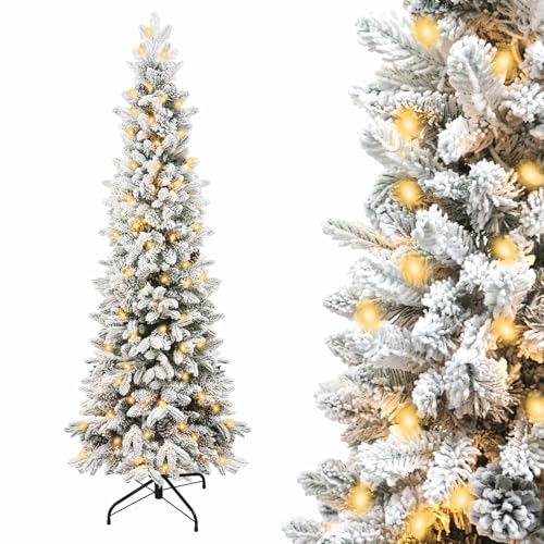 kisidus Árvore de Natal artificial estreita de 1,8 m com neve e luzes LED, PE moldada por injeção, PVC e abacaxi, com moldura dobrável e suporte de metal