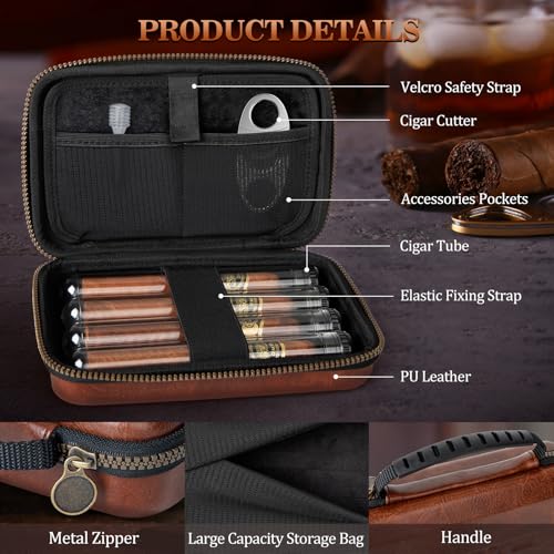Travel Cigar Humidor Case Portable Travel Cigar Bag with 4 Cigar Tube, Leather Travel Cigar Case Include Cigar Cutter, Cigar Accessories Gift Set for Cigar lovers, Lighter not included - Image 4