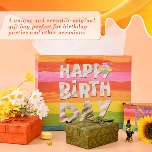 Image of Powbrace 13 inch Colorful Happy Birthday Gift Bags with with Tissue Paper and Greeting Card for Party,Happy Birthday Gift Bag for Men Women,Gift Bags Medium size (1 PCS Colorful)
