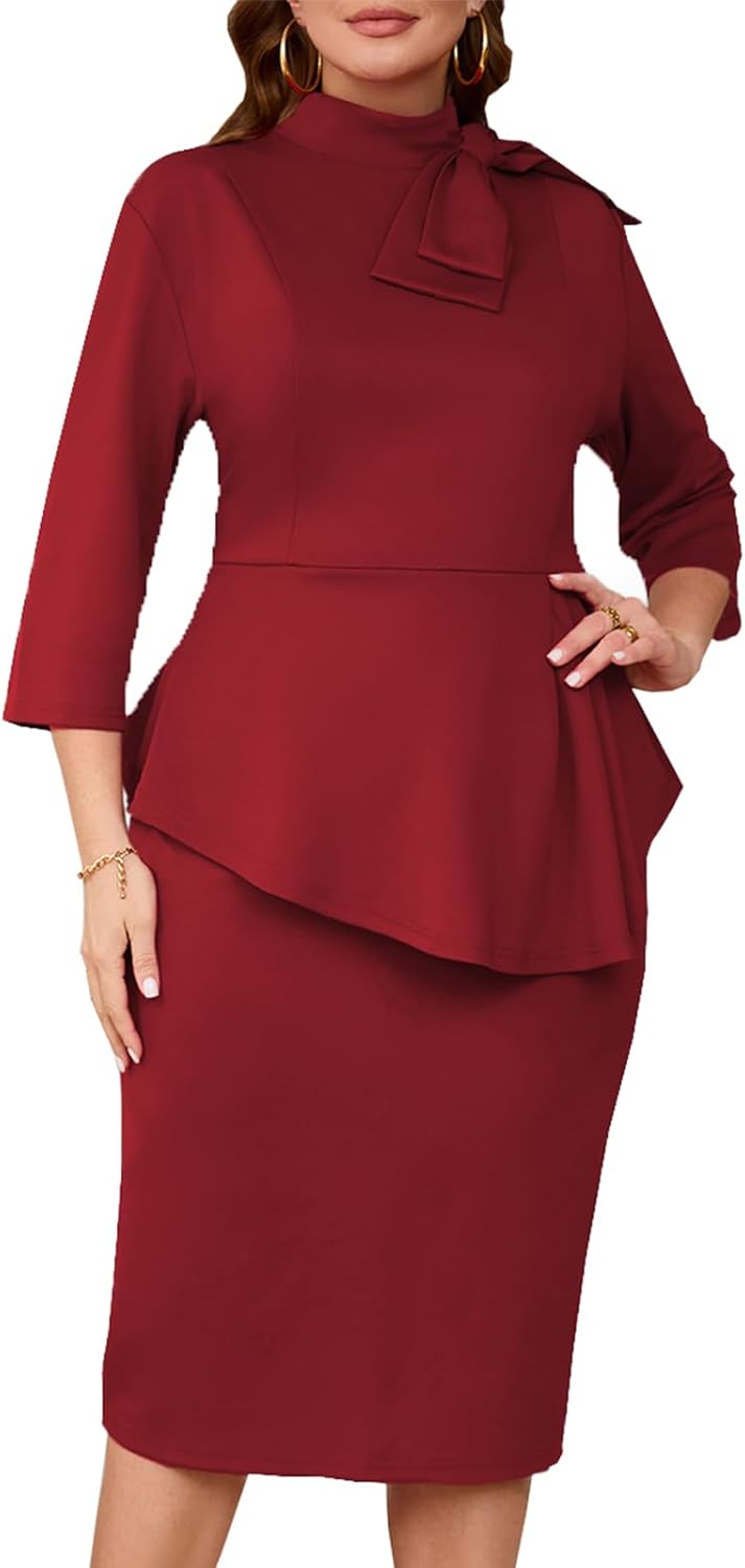 WanMem Plus Size Dress for Curvy Women Semi Formal Cocktail Party Midi Dress Bodycon Long Sleeve Bow Ruffle Pencil Dresses - Image 3