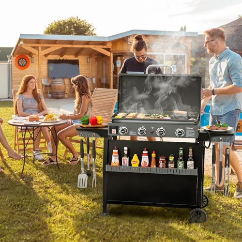 Image of Royal Gourmet PD4001 4 Burner Propane Gas Griddle with Removable Standing Cart, Convertible to Tabletop Design, Flat Top Grill with Hood for Camping, Tailgating, Backyard, Black