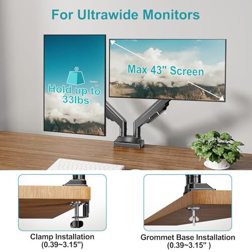 Image of MOUNT PRO Ultrawide Dual Monitor Arm for Max 43 inch Monitor, Holds up to 33lbs | Fully Motion Monitor Stand with Tilt /Swivel /Rotation, VESA 75x75 /100x100 with C-Clamp & Grommet Base