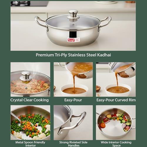Image of Parage 1 Pieces Stainless Steel Mini Kadhai 1.5 Litre with Glass Lid for 2-3 People | Gas & Induction Friendly Encapsulated Base | Rust-Resistant Cookware for Daily Cooking