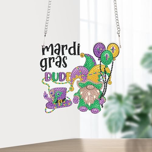 Image of 5D DIY Diamond Painting Mardi Gras Gnome Hanging Pendant - Acrylic Special Shaped Rhinestone Kit, Window or Wall Ornament for Festival Home Decoration and Gift