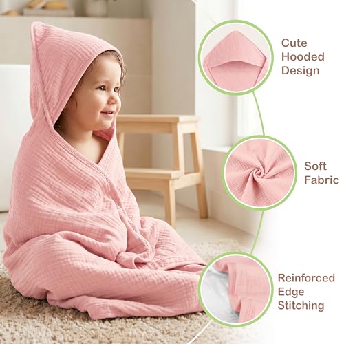 Image of 100% Organic Cotton Muslin Baby Hooded Towel, 32x32 in, Blush & Ivory Floral, 2 Pack, Soft Absorbent 4-Layer Hooded Bath Towel for Baby Girls, Newborns & Toddlers, Oeko-TEX