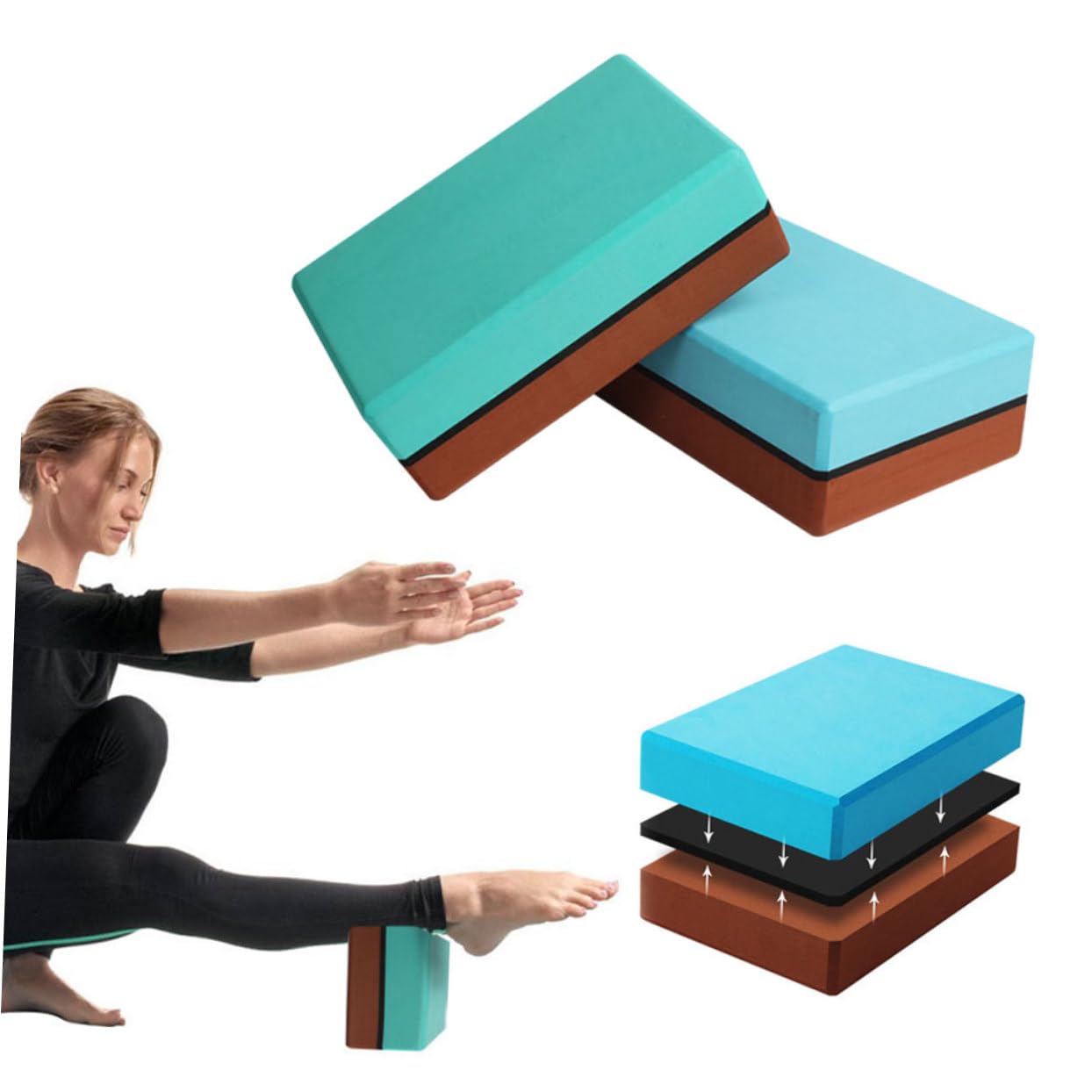 Toddmomy 2Pcs Double Colored High Density Yoga Brick Eva Blocks for Fitness Stretching Aid Blue Dark Brown Green Dark Brown