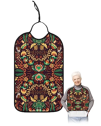 Kewadony Adult Bibs for Elderly Women - Colorful Mexican Floral Waterproof Dining Clothing Protectors with Crumb Catcher for Eating/Feeding, Geometric Tribe Ethnic Brown Terry Cloth Bib Washable