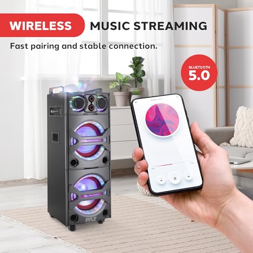 Image of Portable Bluetooth PA Speaker System - 2000W Active Powered Outdoor Bluetooth Speaker Portable PA System w /Microphone in, Party Lights, USB SD Card Reader, AUX /RCA /FM Radio, Wheels - Pyle PSUFM1043BT