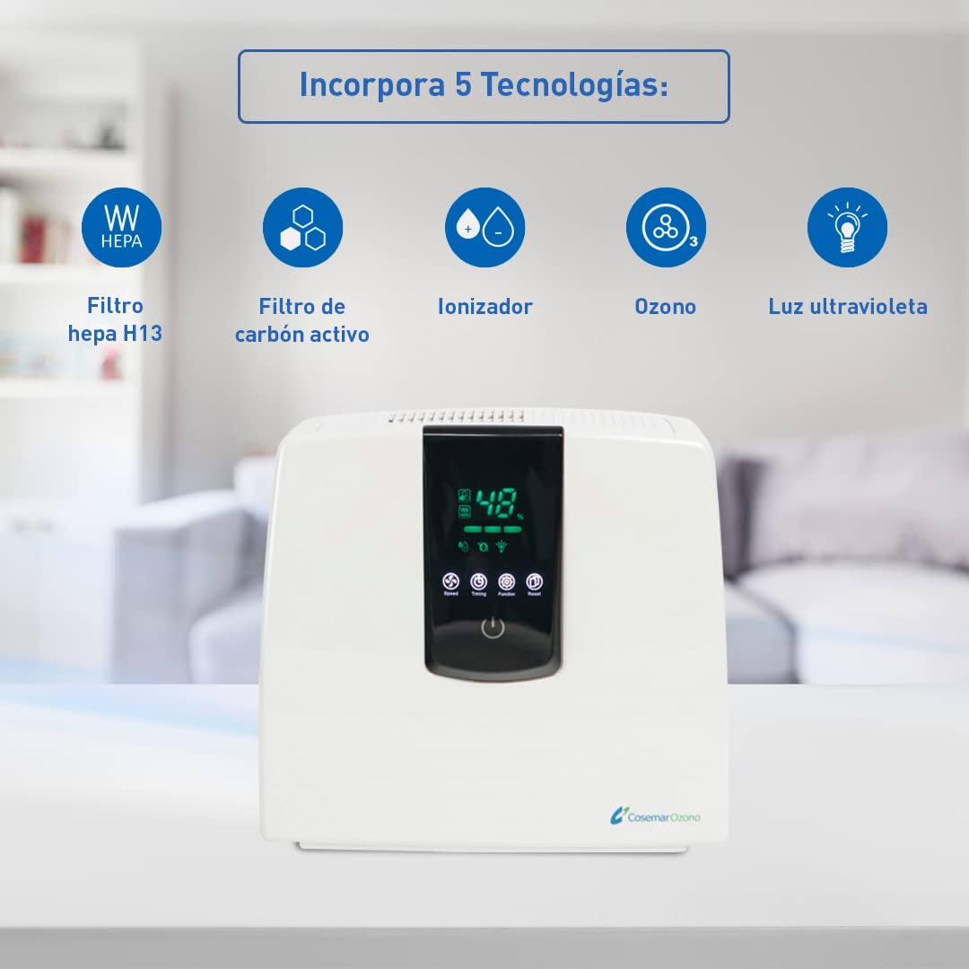 Ozono Hogar - Purificador de Aire Digital 5 en 1 - Ionizador - Filtro HEPA y Filtro de Carbón Activo - Ozonizador - Elimina olores de mascotas y tabaco - Alergias - Polen y ácaros