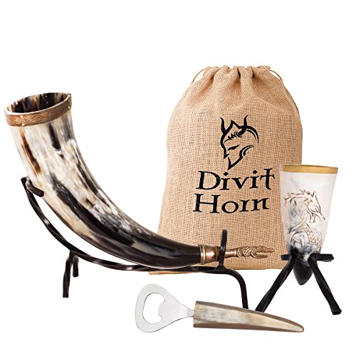 Divit Horn Auténtico Cuerno para Beber Vikingo, Trago de Cuerno, abridor de Botellas (Juego de 3 Piezas) | Auténtico Cuerno Medieval para Beber | Bolsa de Regalo de Lino incluida Dragón, Pulido 16 oz Cover