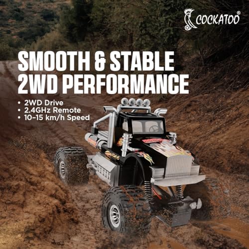 Image of Cockatoo Kids Monster Truck Remote Control Car Toy for Kids, RC Car 2WD, 2.4GHz Remote, Smooth Suspension, 10-15 km /h Speed, 1200mAh Rechargeable Battery, Racing Car, Indoor & Outdoor, Ages 4+, Black