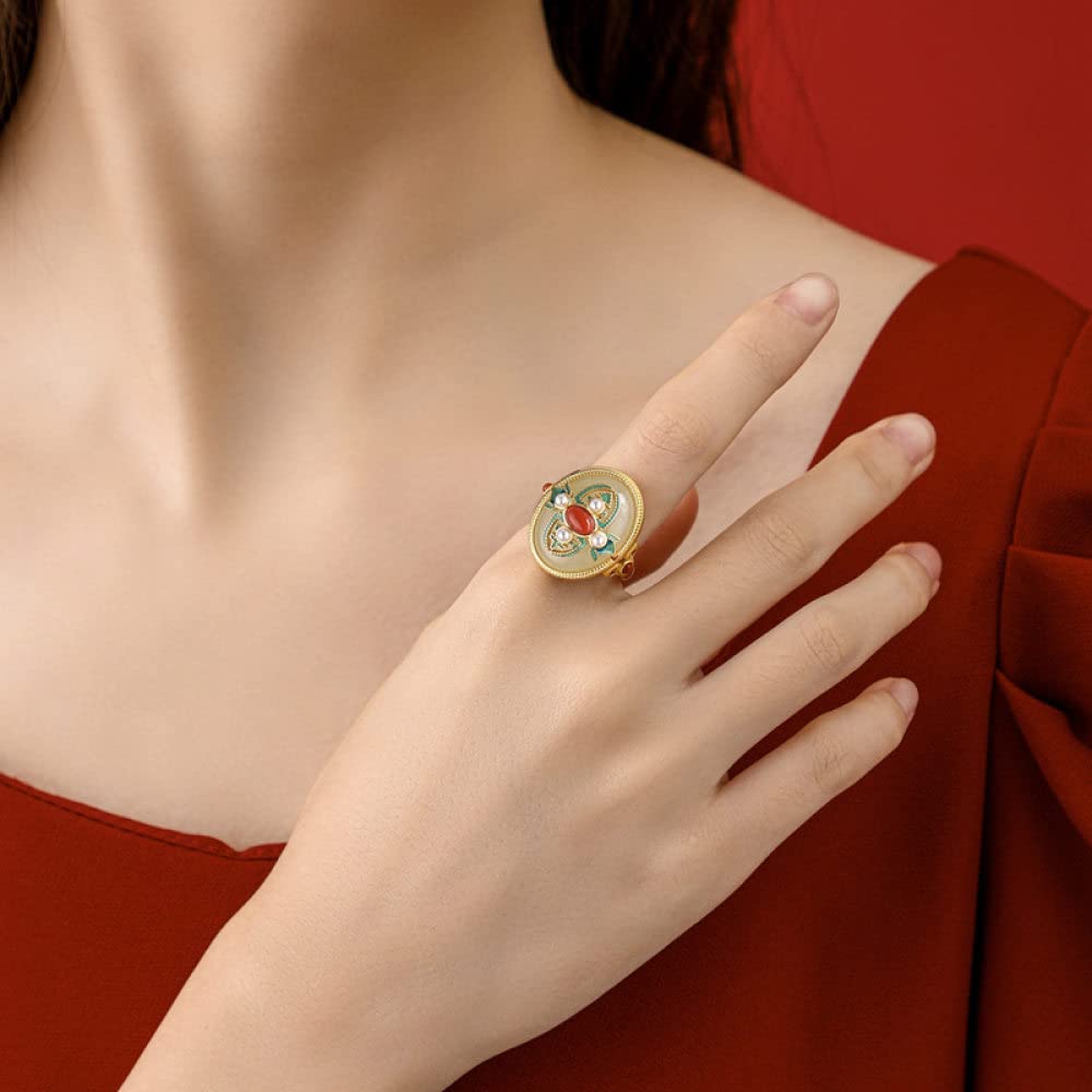 Anello Regolabile,Anello Regolabile per Donna Giada Hetian Ovale in Argento Sterling 925 Perle Impreziosite Agata retrò Placcato Oro Anelli Nocche in Pietra Naturale Matrimonio Gioielli per L'Etern