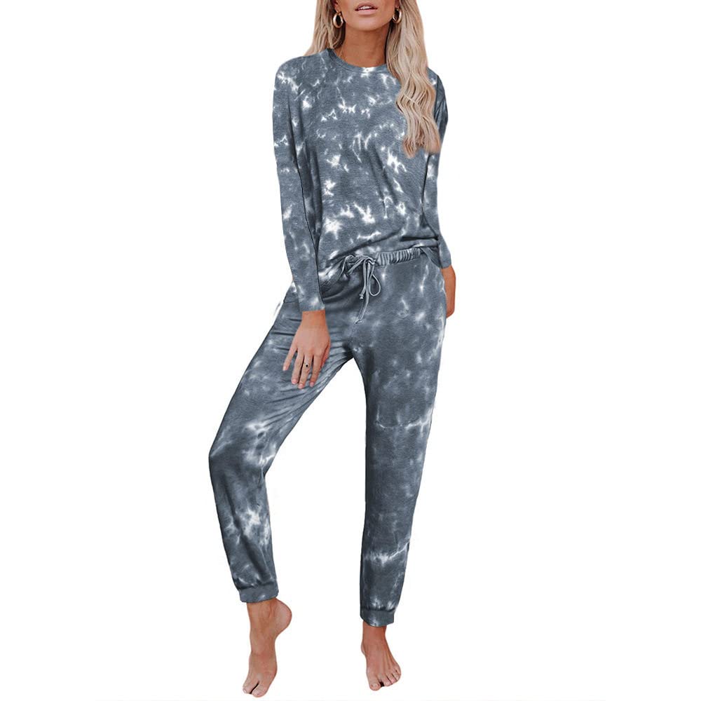 Pijamas Para Mujer Conjunto De Pijama De Poliéster Con Estampado De Teñido Anudado Y Cuello Redondo Gris Conjunto De Pijama De Manga Larga Con Personalidad Suave Para Mujer Conjunto De Dos Piezas