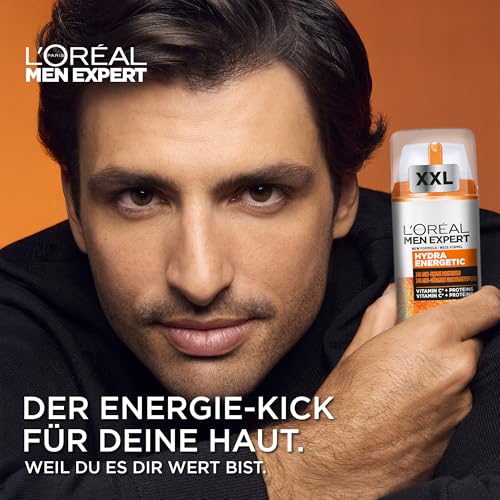 L'Oréal Men Expert XXL Gesichtspflege gegen müde Haut für Männer, Belebende Feuchtigkeitscreme 24H Anti-Müdigkeit, Gesichtscreme für Herren mit Vitamin C und Proteinen, Hydra Energy, Exklusive,1x100ml 2
