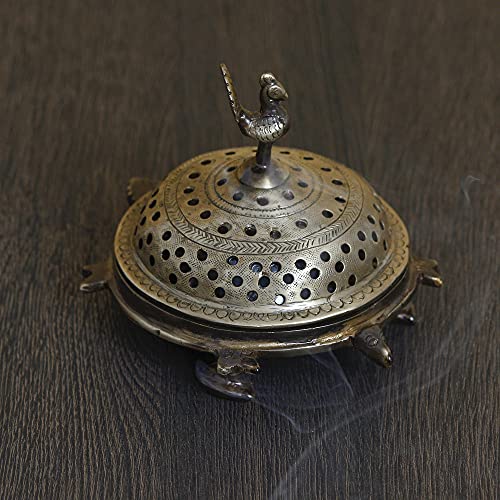 Image of eCraftIndia Golden Brass Peacock Decorative Dhoop Holder Incense Burner for Home Temple Pooja Mandir | Incense Holder Gift for Diwali Housewarming