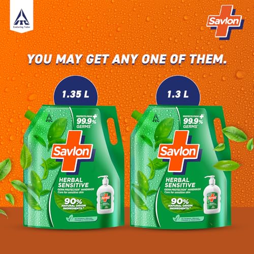 Image of Savlon Herbal Sensitive Germ Protection Liquid Handwash Refill Pouch, 1.3L ph Balanced