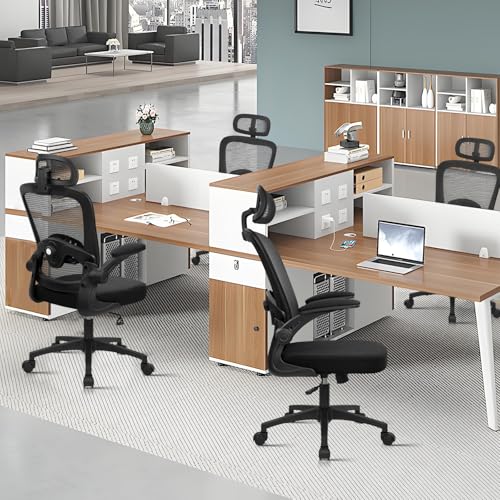 Image of KLASIKA Desk Chairs with Wheels, Ergonomic Mesh Back Home Office Chair with Headrest, Adjustable Lumbar Support Swivel Rolling Computer Chairs with Flip Up Arms for Conference Meeting Room, Black, 4PK