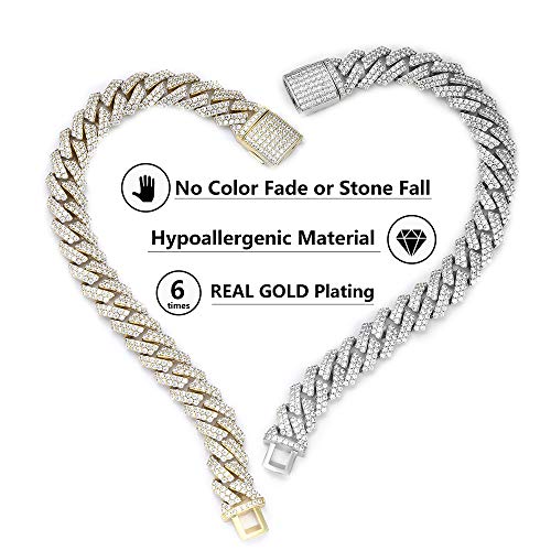 Luxfine 12Mm Iced Out Cuban Link Bracelet 14K Real Gold Plated Hypoallergenic Hip Hop Jewelry 5A+ Cubic Zirconia Prong-Setting For Men Women Back-To-School Birthday Gift #TOP1