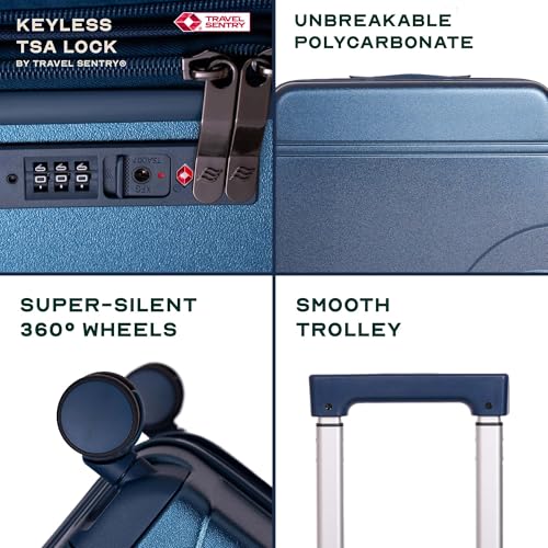 Image of Assembly Cabin Suitcase with8 Spinner Wheels & TSA Lock, Internal Laptop Pocket, Polycarbonate Hard Shell Carry On Luggage for Weekend Getaways, Navy Blue, 20-Inch