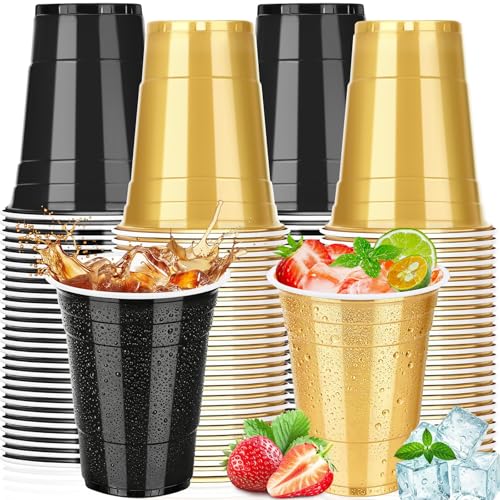 leeauszya 100 Pack 16 oz Black and Gold Cups Heavy Duty Plastic Cups for Party Graduation Birthday Disposable Cups for Christmas Halloween Wedding Picnic Serving and Celebrations