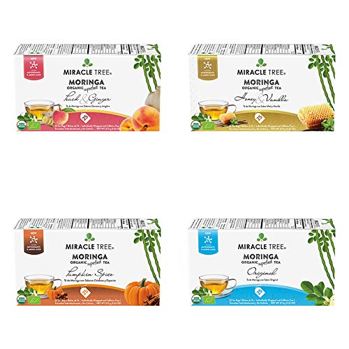 Miracle Tree - Organic Moringa Superfood Tea, 4 Pack Bundle, 4x25 Individually Sealed Tea Bags (Peach & Ginger, Honey & Vanilla, Pumpkin Spice, Original)
