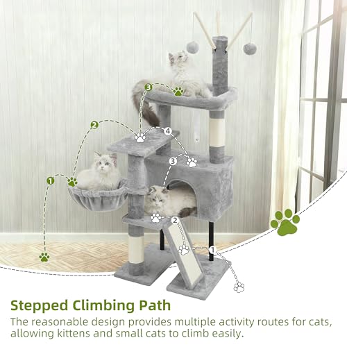 Image of Gitelsnour Cat Tree Tower for Indoor Cats, Top Platform with Toy, GCT006SW | 49.2 inch Cat Condo House, Sturdy Base, Scratching Post & Board, 3 Balls, Hanging Basket, Small Cats and Kittens, Light Gray