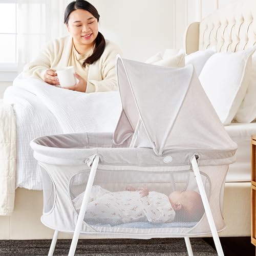 Image of Regalo Baby Basics Infant Bassinet with Canopy, Award Winning Brand, Quick fold and Easy Setup, Removable Pad, See-Through Mesh, Bed-Side Bassinet, Gray