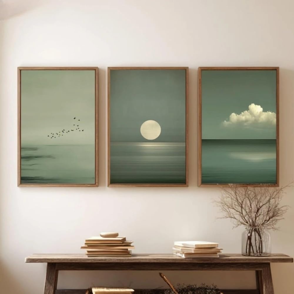 Set Of 3 Minimalist Wall Art Sage Green Posters Scandinavian Zen Decor Wabi Sabi Calm Seascape Prints Poster(50x75cm-3Pcs)