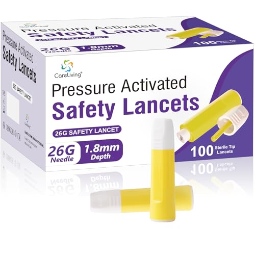 CareLiving Safety Lancets, 100 Count Sterile, Pressure Activated Activation, 26 Gauge Needle, 1.8 mm, Single-Use, Gentle for Comfortable Testing