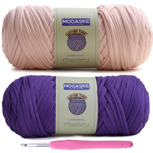 Image of Mooaske 2 Pack T-Shirt Crochet Yarn for DIY Knitting Crochet Cloth Blanket Bag Dolls - 400g Chunky Thick Yarn for Crocheting with Polyester-Spandex Blend Elastic Fabric (Beige+Purple)