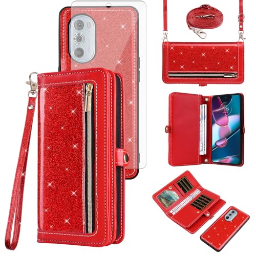 Coque Motorola Edge 30 Pro fermeture éclair et porte-cartes à paillettes rouge
