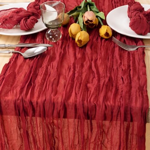 Image of MLMC 6 Pack Red Table Runner Boho Rustic Gauze Cheesecloth Table Runner Sheer Cheese Cloth Centerpiece Decor 65x120 Inches for Wedding Reception Annniversary Decor