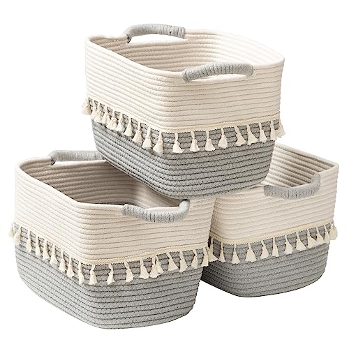 Image of TeoKJ Storage Basket 3 Pack for Organizing, Cotton Rope Baskets for Toy, Clothes, Blankets, Decorative Basket for Living Room, Nursery, Bathroom, White & Gray